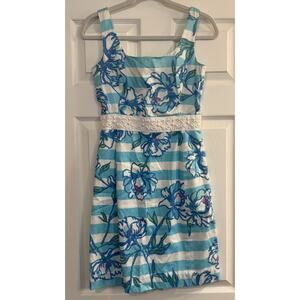 Lilly Pulitzer NWT Dress Sz 2 Serena Blue Tossing the Line Striped Floral Beaded